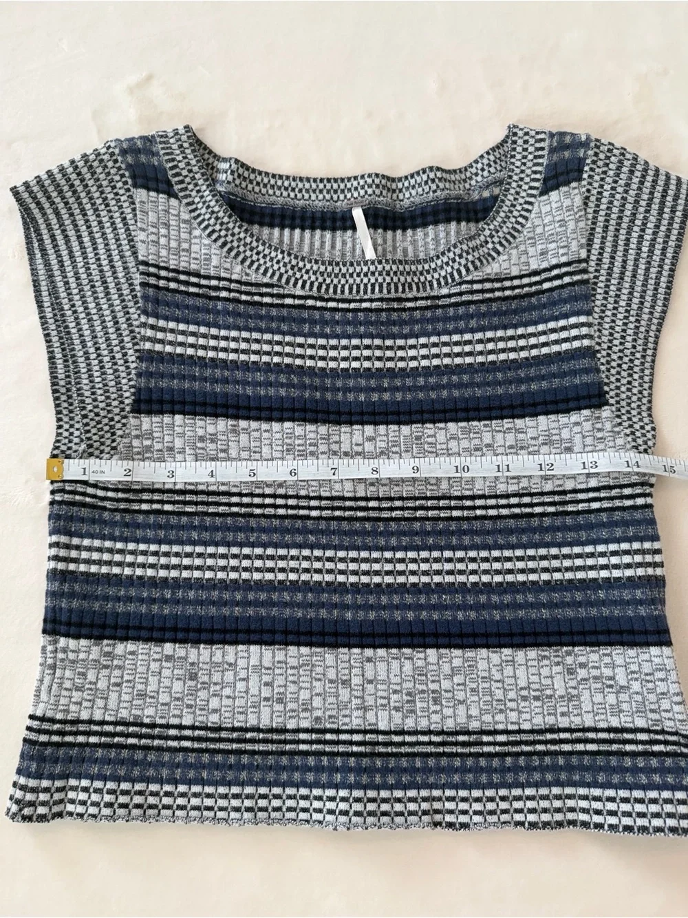 Free People Striped Textured Knit Sweater Top Gray Blue Cap Sleeve Boho
